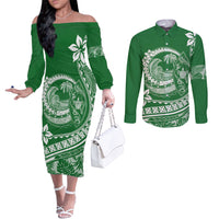 Polynesian Plumeria Couples Matching Off The Shoulder Long Sleeve Dress and Long Sleeve Button Shirts Ride The Waves - Green LT7 Green - Polynesian Pride