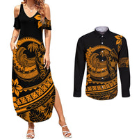 Polynesian Plumeria Couples Matching Summer Maxi Dress and Long Sleeve Button Shirts Ride The Waves - Orange LT7 Orange - Polynesian Pride