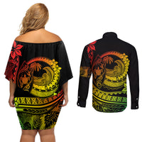 Polynesian Plumeria Couples Matching Off Shoulder Short Dress and Long Sleeve Button Shirts Ride The Waves - Reggae LT7 - Polynesian Pride