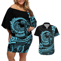 Polynesian Plumeria Couples Matching Off Shoulder Short Dress and Hawaiian Shirt Ride The Waves - Turquoise LT7 Turquoise - Polynesian Pride