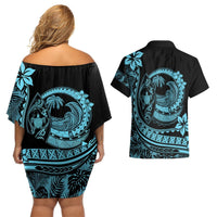 Polynesian Plumeria Couples Matching Off Shoulder Short Dress and Hawaiian Shirt Ride The Waves - Turquoise LT7 - Polynesian Pride