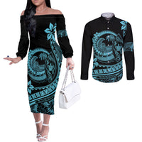 Polynesian Plumeria Couples Matching Off The Shoulder Long Sleeve Dress and Long Sleeve Button Shirts Ride The Waves - Turquoise LT7 Turquoise - Polynesian Pride