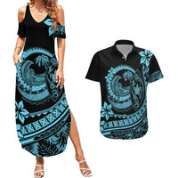 Polynesian Plumeria Couples Matching Summer Maxi Dress and Hawaiian Shirt Ride The Waves - Turquoise LT7 Turquoise - Polynesian Pride