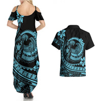 Polynesian Plumeria Couples Matching Summer Maxi Dress and Hawaiian Shirt Ride The Waves - Turquoise LT7 - Polynesian Pride