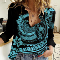 Polynesian Plumeria Women Casual Shirt Ride The Waves - Turquoise LT7 Female Turquoise - Polynesian Pride
