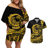Polynesian Plumeria Couples Matching Off Shoulder Short Dress and Hawaiian Shirt Ride The Waves - Yellow LT7 Yellow - Polynesian Pride