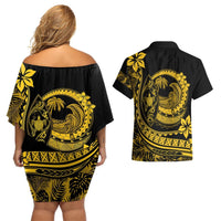 Polynesian Plumeria Couples Matching Off Shoulder Short Dress and Hawaiian Shirt Ride The Waves - Yellow LT7 - Polynesian Pride