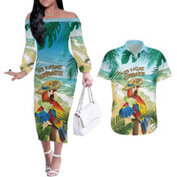 Aloha Hawaii It's 5 o'clock Somewhere Couples Matching Off The Shoulder Long Sleeve Dress and Hawaiian Shirt LT7 Blue - Polynesian Pride