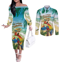 Aloha Hawaii It's 5 o'clock Somewhere Couples Matching Off The Shoulder Long Sleeve Dress and Long Sleeve Button Shirt LT7 Blue - Polynesian Pride
