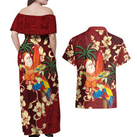 Crimson Red Tropical Christmas Hawaii Tapa Couples Matching Off Shoulder Maxi Dress and Hawaiian Shirt Aloha Santa Drink Party - Polynesian Pride