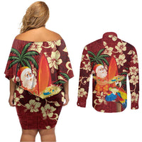 Crimson Red Tropical Christmas Hawaii Tapa Couples Matching Off Shoulder Short Dress and Long Sleeve Button Shirt Aloha Santa Drink Party - Polynesian Pride