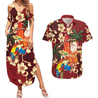 Crimson Red Tropical Christmas Hawaii Tapa Couples Matching Summer Maxi Dress and Hawaiian Shirt Aloha Santa Drink Party - Polynesian Pride