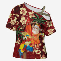Crimson Red Tropical Christmas Hawaii Tapa Cross Shoulder Shirt Aloha Santa Drink Party LT7 Female Red - Polynesian Pride