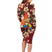 Crimson Red Tropical Christmas Hawaii Tapa Family Matching Long Sleeve Bodycon Dress and Hawaiian Shirt Aloha Santa Drink Party - Polynesian Pride