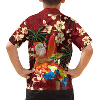 Crimson Red Tropical Christmas Hawaii Tapa Family Matching Off The Shoulder Long Sleeve Dress and Hawaiian Shirt Aloha Santa Drink Party - Polynesian Pride