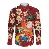 Crimson Red Tropical Christmas Hawaii Tapa Long Sleeve Button Shirt Aloha Santa Drink Party LT7 Unisex Red - Polynesian Pride