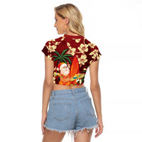 Crimson Red Tropical Christmas Hawaii Tapa Raglan Cropped T Shirt Aloha Santa Drink Party - Polynesian Pride