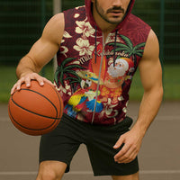 Crimson Red Tropical Christmas Hawaii Tapa Sleeveless Zip Hoodie Aloha Santa Drink Party - Polynesian Pride