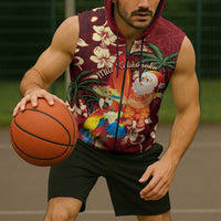 Crimson Red Tropical Christmas Hawaii Tapa Sleeveless Zip Hoodie Aloha Santa Drink Party - Polynesian Pride