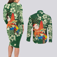 Moss Green Tropical Christmas Hawaii Tapa Couples Matching Long Sleeve Bodycon Dress and Long Sleeve Button Shirt Aloha Santa Drink Party - Polynesian Pride