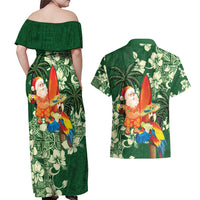 Moss Green Tropical Christmas Hawaii Tapa Couples Matching Off Shoulder Maxi Dress and Hawaiian Shirt Aloha Santa Drink Party - Polynesian Pride