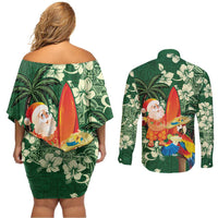 Moss Green Tropical Christmas Hawaii Tapa Couples Matching Off Shoulder Short Dress and Long Sleeve Button Shirt Aloha Santa Drink Party - Polynesian Pride