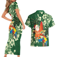 Moss Green Tropical Christmas Hawaii Tapa Couples Matching Short Sleeve Bodycon Dress and Hawaiian Shirt Aloha Santa Drink Party - Polynesian Pride