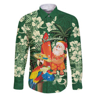 Moss Green Tropical Christmas Hawaii Tapa Family Matching Puletasi and Hawaiian Shirt Aloha Santa Drink Party LT7 Dad's Shirt - Long Sleeve Green - Polynesian Pride