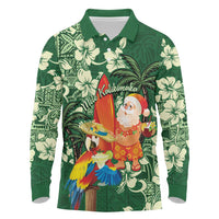 Moss Green Tropical Christmas Hawaii Tapa Long Sleeve Polo Shirt Aloha Santa Drink Party - Polynesian Pride