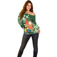 Moss Green Tropical Christmas Hawaii Tapa Off Shoulder Sweater Aloha Santa Drink Party - Polynesian Pride