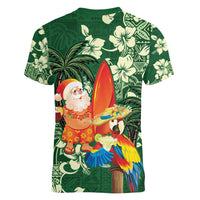 Moss Green Tropical Christmas Hawaii Tapa Women V-Neck T-Shirt Aloha Santa Drink Party - Polynesian Pride