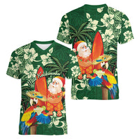 Moss Green Tropical Christmas Hawaii Tapa Women V-Neck T-Shirt Aloha Santa Drink Party - Polynesian Pride
