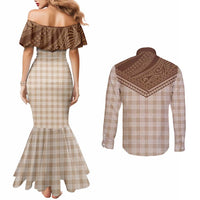 Aloha Hawaii Cowboys Paniolo Couples Matching Mermaid Dress and Long Sleeve Button Shirt Beige Palaka - Polynesian Pride