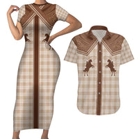 Aloha Hawaii Cowboys Paniolo Couples Matching Short Sleeve Bodycon Dress and Hawaiian Shirt Beige Palaka - Polynesian Pride