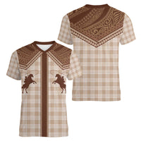 Aloha Hawaii Cowboys Paniolo Women V-Neck T-Shirt Beige Palaka - Polynesian Pride