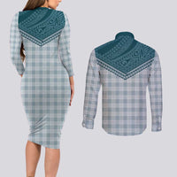 Aloha Hawaii Cowboys Paniolo Couples Matching Long Sleeve Bodycon Dress and Long Sleeve Button Shirt Teal Palaka - Polynesian Pride