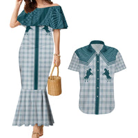 Aloha Hawaii Cowboys Paniolo Couples Matching Mermaid Dress and Hawaiian Shirt Teal Palaka - Polynesian Pride