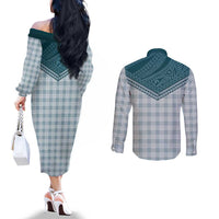 Aloha Hawaii Cowboys Paniolo Couples Matching Off The Shoulder Long Sleeve Dress and Long Sleeve Button Shirt Teal Palaka - Polynesian Pride