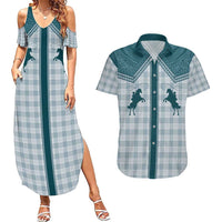 Aloha Hawaii Cowboys Paniolo Couples Matching Summer Maxi Dress and Hawaiian Shirt Teal Palaka - Polynesian Pride