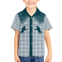 Aloha Hawaii Cowboys Paniolo Family Matching Off The Shoulder Long Sleeve Dress and Hawaiian Shirt Teal Palaka - Polynesian Pride