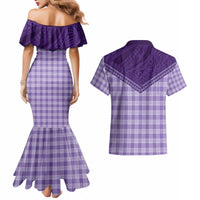 Aloha Hawaii Cowboys Paniolo Couples Matching Mermaid Dress and Hawaiian Shirt Violet Palaka - Polynesian Pride