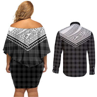 Aloha Hawaii Cowboys Paniolo Couples Matching Off Shoulder Short Dress and Long Sleeve Button Shirt Black Palaka - Polynesian Pride