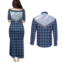 Aloha Hawaii Cowboys Paniolo Couples Matching Puletasi and Long Sleeve Button Shirt Navy Blue Palaka - Polynesian Pride