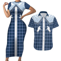 Aloha Hawaii Cowboys Paniolo Couples Matching Short Sleeve Bodycon Dress and Hawaiian Shirt Navy Blue Palaka - Polynesian Pride
