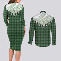 Aloha Hawaii Cowboys Paniolo Couples Matching Long Sleeve Bodycon Dress and Long Sleeve Button Shirt Forest Green Palaka - Polynesian Pride