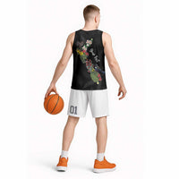 Kia Ora New Zealand Floral Personalized Basketball Jersey Black LT7 - Polynesian Pride