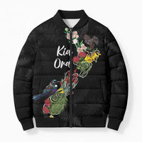 Kia Ora New Zealand Floral Personalized Bomber Puffer Jacket Black LT7 Unisex Black - Polynesian Pride