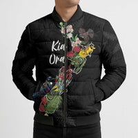 Kia Ora New Zealand Floral Personalized Bomber Puffer Jacket Black LT7 - Polynesian Pride