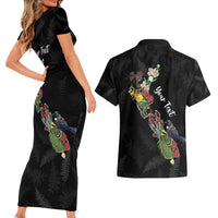 Kia Ora New Zealand Floral Personalized Couples Matching Short Sleeve Bodycon Dress and Hawaiian Shirt Black - Polynesian Pride
