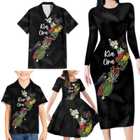 Kia Ora New Zealand Floral Personalized Family Matching Long Sleeve Bodycon Dress and Hawaiian Shirt Black - Polynesian Pride